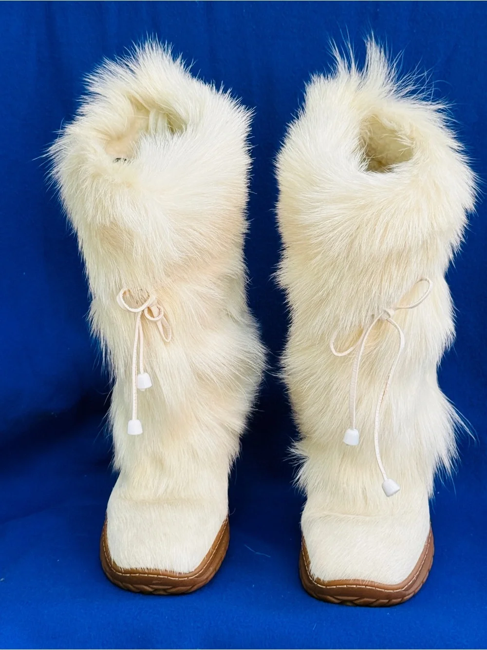 Faux Fur Cream Knee-High Winter Boots with Drawstring